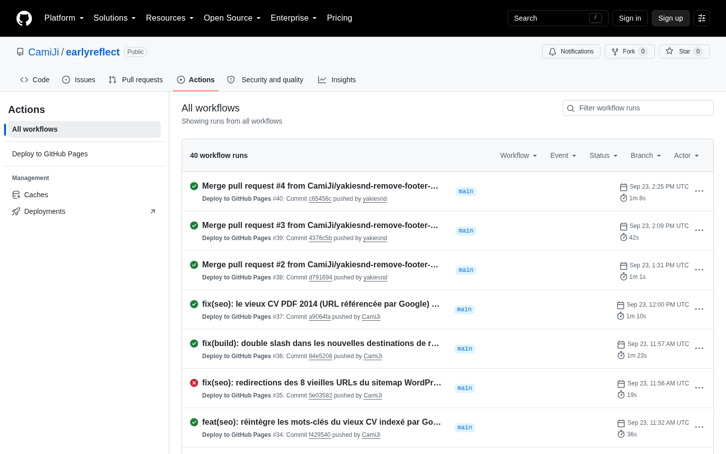 Runs de déploiement sur le repo earlyreflect : des GitHub Actions vertes, environ une minute chacune