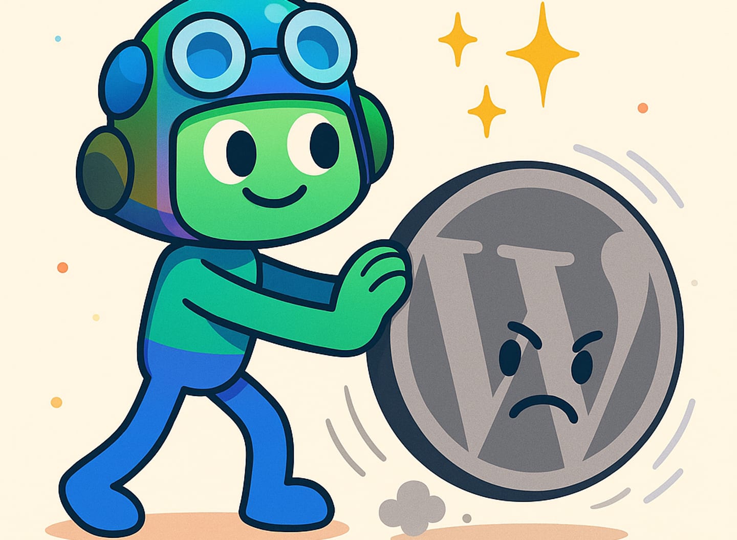 Couverture cartoon : un robot joyeux poussant dehors le vieux logo WordPress poussiéreux