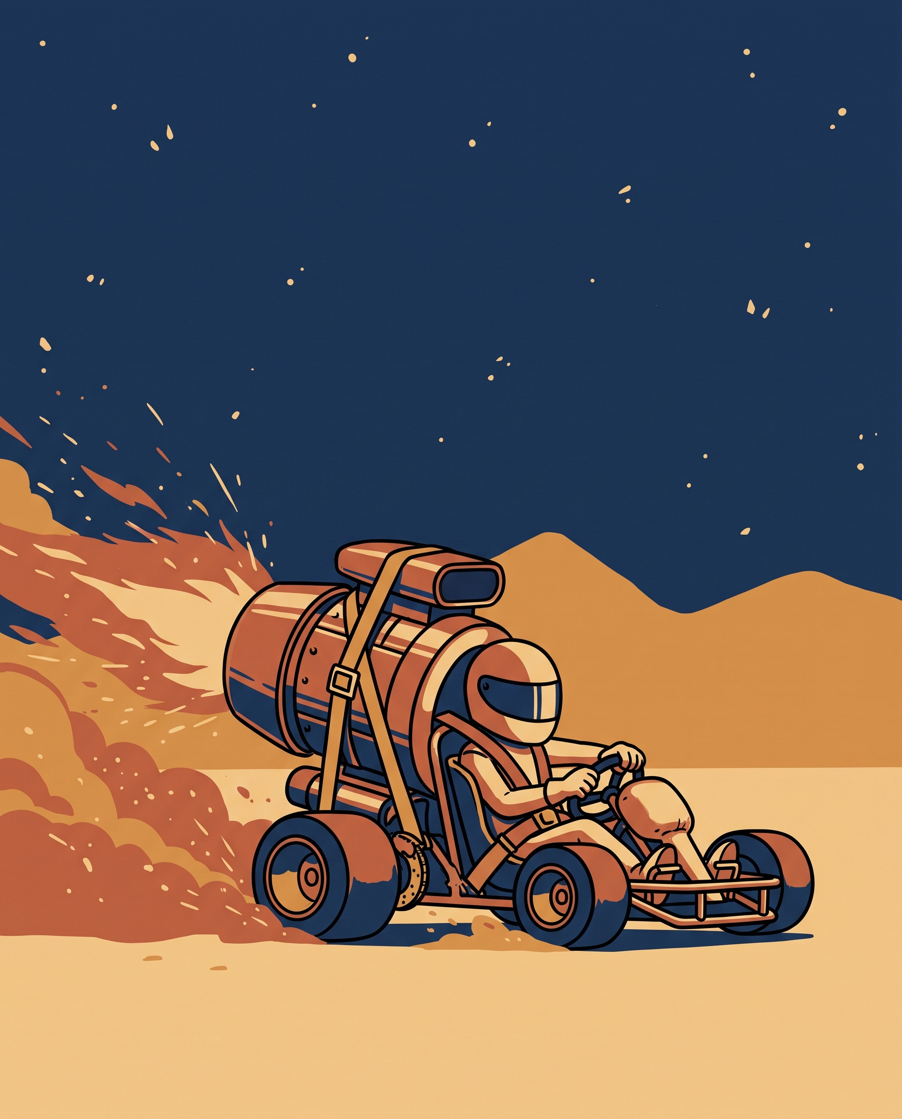 A small sturdy go-kart channeling a huge rocket engine — the harness keeps the power on track